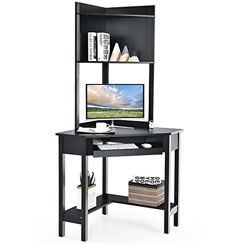 Tangkula Corner Writing Desk with Hutch, 90 Degrees Triangle Small