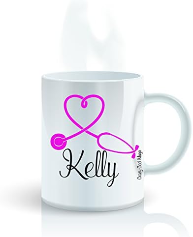 Medical Custom Personalized Coffee Mug by Crazy Cool Mugs | Customized Name, Pink Heart Shaped Stethoscope For Doctor or Nurse, Medical School or Nursing Pride, Graduation Achievement, 11 Ounce White