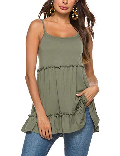 Womens Casual Ruffle Cami Summer Spaghetti Strap Tank Sleeveless Peplum Tops Army Green XL