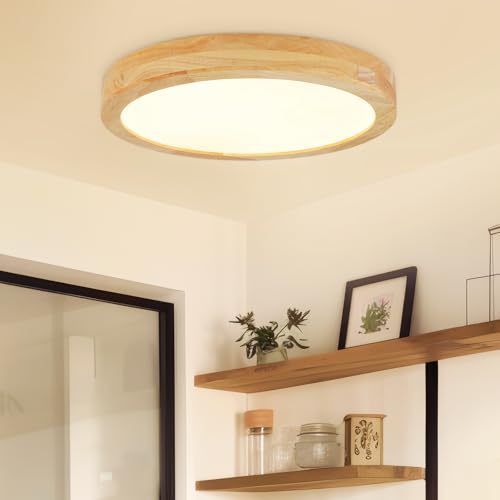 Kambo LED Ceiling Light Wood 3000K Warm White 24W 3100LM | Round Nordic Flat Ceiling Light Diameter 30 cm for Bedroom, Living Room, Kitchen, Dining Room, Hallway