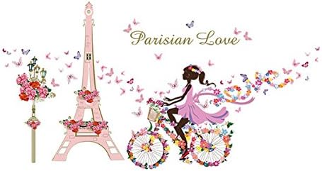 Removable Wall Sticker Flower Butterfly Girl on Bicycle to Eiffel Tower Wall Art Mural Sticker Decor for Living Room/Bedroom/Playroom/Hallway/Kindergarten/Home Office/School