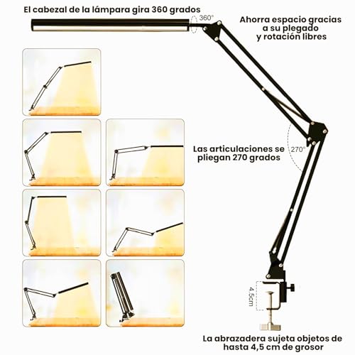 CHARMDOMI Lampara de Escritorio con Brazo Flexible de 360°-Lampara de Mesa,Lamparas Mesa de Trabajo con 3 Ajustes de Colo,Desk Lamp Lámpara de Escritorio Ajustable (Lámpara ajustable negra)