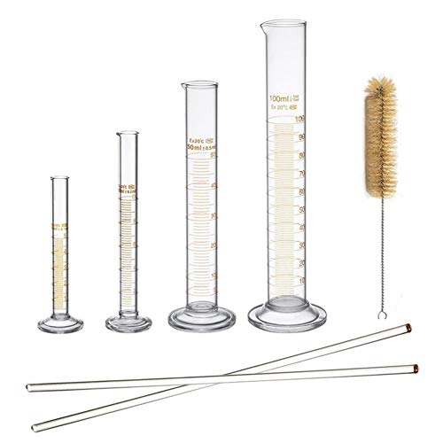Glass Graduated Cylinder Set Thick Measuring Cylinders 5ml 10 ml 50ml 100ml with 2 Glass Stirring Rod and 1 Brush