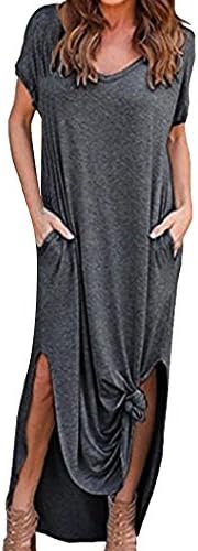 Women's Summer Dresses Casual Solid V-Neck Long Dress Short Sleeve Pocket Split Loose Beach Cocktail Party Dress Floor-Length Sundress