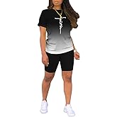 PINSV Women's 2 Piece Outfits Summer Printing Bodycon Short Pants Workout Sets