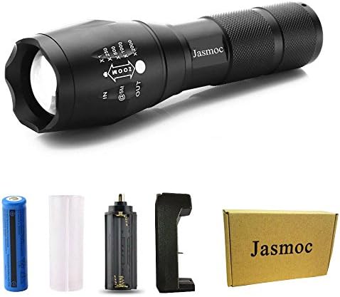 Bright LED Tactical Flashlight Zoomable Adjustable Focus 5 Modes Water Resistant Torch with Rechargeable 18650 Lithium Ion Battery &amp; Charger Military Grade Flashlight for Camping Outdoor activity