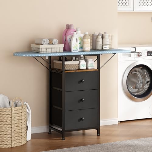 Uzelia Tabla de Planchar Plegable, 110×29×75cm, Burro de Planchar con Soporte para Plancha y Tres Cajones, Estructura de Hierro Más Estable, Adecuado para Salas de Estar, Dormitorios y Lavaderos