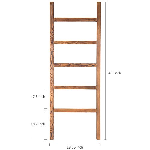MyGift Rustic Brown Wood Leaning Blanket Ladder Holder with 5 Hanging