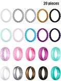 Hicarer 20 Pieces Silicone Wedding Ring for Women, Thin Stackable Silicone Ring Wide Glitter Rubber Wedding Bands for Wedding Sport Supplies (Size 7, Style 1)