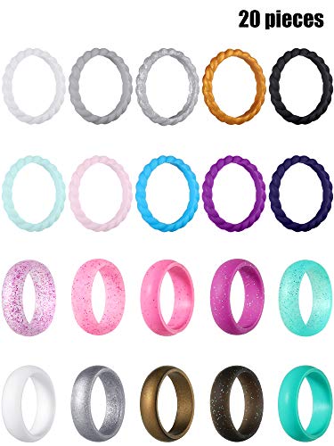 Hicarer 20 Pieces Silicone Wedding Ring for Women, Thin Stackable Silicone Ring Wide Glitter Rubber Wedding Bands for Wedding Sport Supplies (Size 7, Style 1)