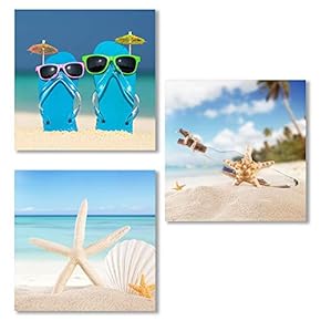 3 Piece Canvas Wall Art for Living Room, Bedroom Seashell Starfish on Beach Canvas Prints for Home Decoration Ready to Hang - 12"x12"x3 Panels