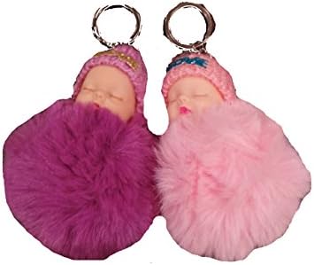 Pom Pom Keychain Furry Faux Fur Great Gift Fluffy Keychain (Baby Pom Pom 2 Pack - Light Pink / Purple)
