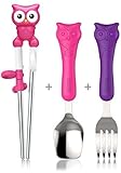 Edison Owl Training Chopsticks Spoon&Fork Set For Kids 3y+(Pink+Purple)