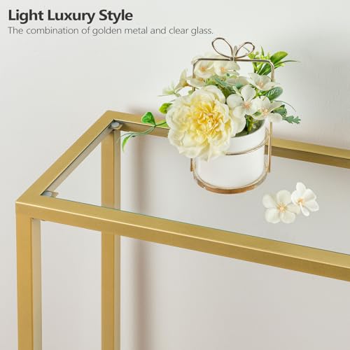 HOOBRO Gold Console Table for Living Room, 100 cm Narrow Long Sofa Table with Tempered Glass, 2 Tier Skinny Entryway Table with Open Shelves, Slim Hallway Table with Metal Frames, Gold EGD04XG01