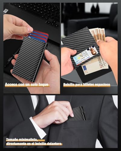Men's Wallet, Card Holder with Magnetic Closure & Coin Pocket & RFID Blocking, Small Pop Up Carbon Fiber Leather Wallets for 11 Cards, Coin Purse with ID Window