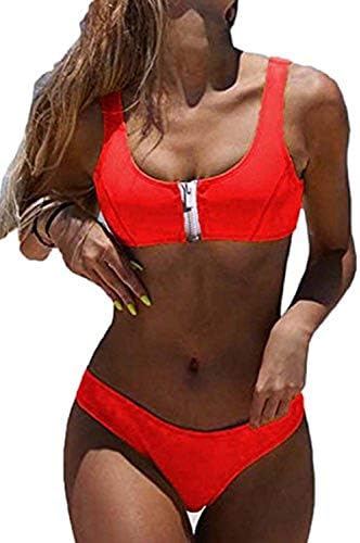 Sunfury Women Zipper Front Crop Top Low Waist Sporty 2PCS Bikini Sets Bathing Suit