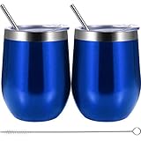 Skylety 12 oz Double-insulated Wine Tumbler, Stainless Steel Tumbler Cup with Lids and Straws for Wine, Coffee, Drinks, Champagne, Cocktails, 2 Sets (Transparent Blue)