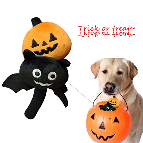 Halloween Dog Toys for Small Dog, 2pcs Dog Teething Toys for Puppy Aggressive Chewer, in Cute Pumpkin and Bat Shaped, Soft Plush Dog Stuff Chew Toy for Puppies Playing