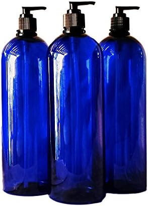 32 oz Cobalt Blue Plastic PET Plastic Bottle with Black Hand Lotion Pump and Kraft Labels (3)
