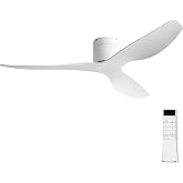 BUENION 52 Inch White Flush Mount Ceiling Fan with Remote, No Light | Modern low-profile, heat-resistant ABS blades, quiet reversible 6-speed DC motor for balcony, living room, bedroom