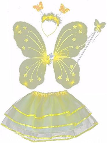 Butterfly Princess 4 Piece Fairy Costume Wings, Headband, Wand and Tutu Accessory Set Assorted Colors (Yellow)