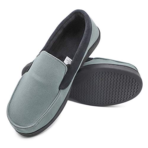 Mwfus Men's Comfy Velvet Cotton Moccasin Slippers with Memory Foam Breathable House Shoes Anti-Skid Indoor/Outdoor (10, Canvas Upper, Navy Grey)