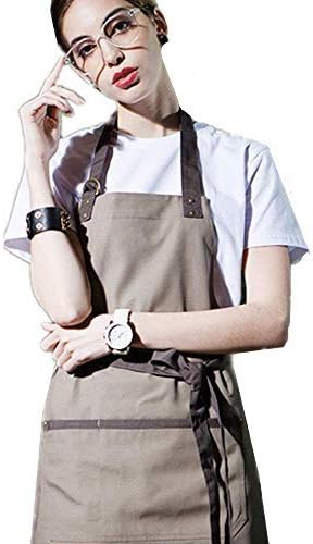 YUX Kitchen Aprons - Adjustable Bib Cooking Apron with 1 Pocket For Baking Gardening Restaurant BBQ For Men and Women - Olive Green with Brown Straps