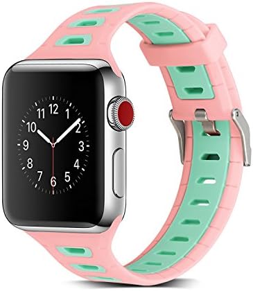 Kanteband Apple Watch Soft Silicone Replacement Band 42/38mm for Teen Boys&amp;Girls- 2018 Sport&amp;Fitness Breathable Edition Rubber Wrist Strap for New iWatch Series 3/2/1 (Pink+Mint Green, 38 mm)