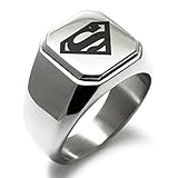 Stainless Steel DC Superman Logo Engraved Square Flat Top Biker Style Polished Ring, Size 7.5