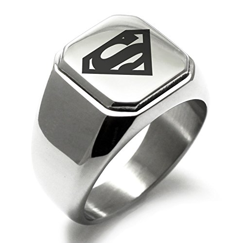 Stainless Steel DC Superman Logo Engraved Square Flat Top Biker Style Polished Ring, Size 7.5