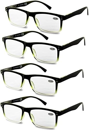 High value pack! 4 pack men women wayfarer reading glasses w/spring hinges (+4.00 400, BLACK)