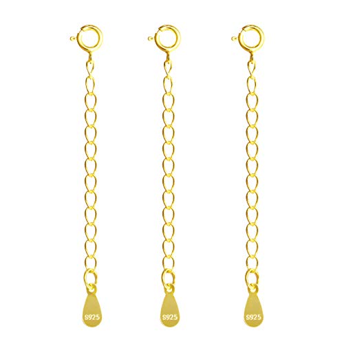 ALEXCRAFT 3 Pcs Sterling Silver Necklace Extender 925 Chain Extensions Spring Clasp for Necklaces Bracelet Jewellery Making 2 Inch (Gold)