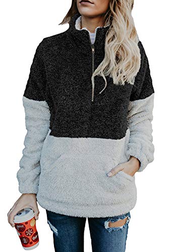 Women Long Sleeve Pullover Soft Fleece Zip Sweatshirt with Pockets Outwear Coat Black