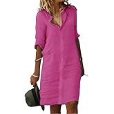 Fronage Women's Summer Midi Shirt Dresses Button Down 1/2 Sleeve Lapel Casual Cotton Linen Dress