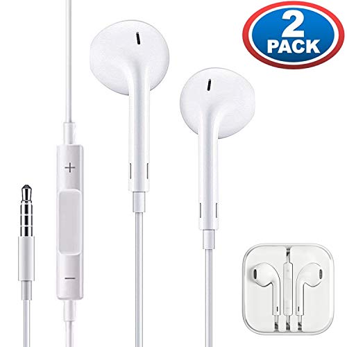 2-Pack Premium Aux Headphones/Earphones/Earbuds 3.5mm Wired Headphones Microphone with Volume Control,Noise Isolating Control Headphone Compatible with Phone 6 SE 5S 4/4s Android-White