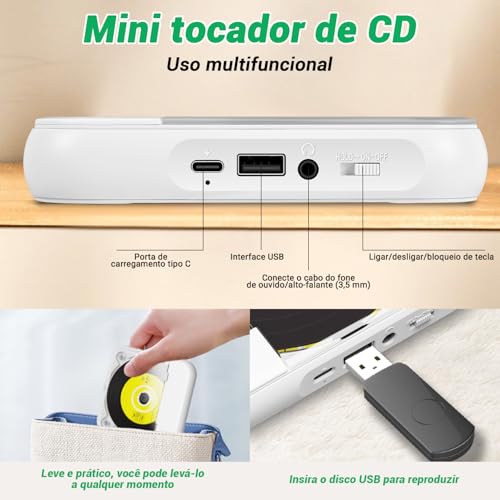 135 x 135 x 25 mm, Mini CD Player Portatil, 2000mAh, Pode Ser Levado com Você, Compatível com Fones de Ouvido Toca CD, Alto-Falantes Duplos Integrados