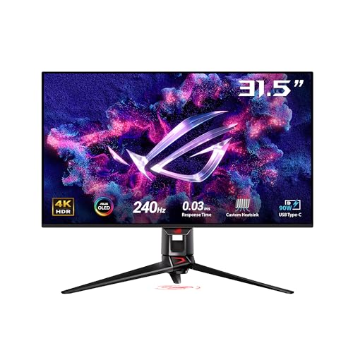 ROG Swift OLED PG32UCDMZ, Monitor da gioco 4K da 31,5", 4K QD-OLED (3840 x 2160), 0,03ms (GTG), 240 Hz, DisplayPort 1,4, Tecnologia Anti-Flicker, Compatibile con G-SYNC, 99% DCI-P3, Nero