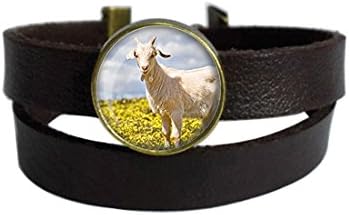 Two Layers Design Dark Brown Leather Cuff Bangle Goat Farmhouse Farm Girl Pendant Rope Wristband Bracelet with Glass Pendant
