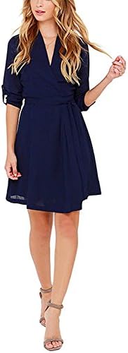 Leadingstar Women's Casual V-Neck Pure Color Long-Sleeved Slim Chiffon Dresses