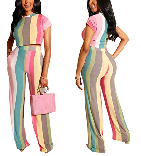 Womens Color Stripe Two Piece Outfits Short Sleeve Crop Tops High Wairst Long Pants Jumpers with Belt