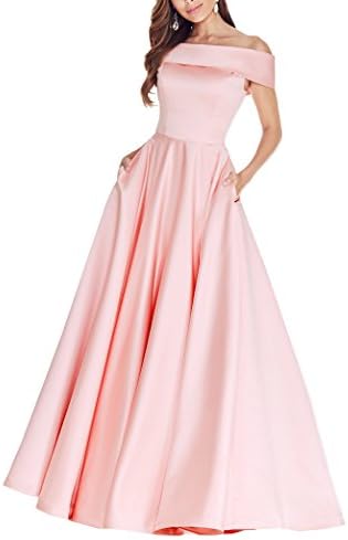 Geshun Women's Off The Shoulder Satin Evening Gown Long 2018 Prom Party Dress With Pockets Blush Pink Size 2