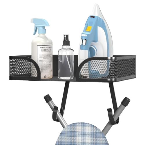 MVRPOWER Ironing Board Holder Wall Mount, Ironing Board Hanger, Laundry Room Decor Organization and Storage with Large Storage Grid Base Basket and Hooks(T&V Shaped)