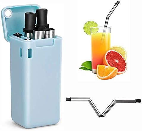 LECO Reusable Stainless Steel Drinking Straw, Food-Grade Foldable Metal Straws Pack, with Portable Carrying Box and Cleaning Brush, for Home, Bar, Outdoor, Travel, 1 Pack (Blue)