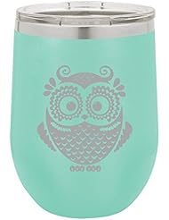 12 oz Double Wall Vacuum Insulated Stainless Steel Stemless Wine Tumbler Glass Coffee Travel Mug With Lid Owl Vintage (Teal)