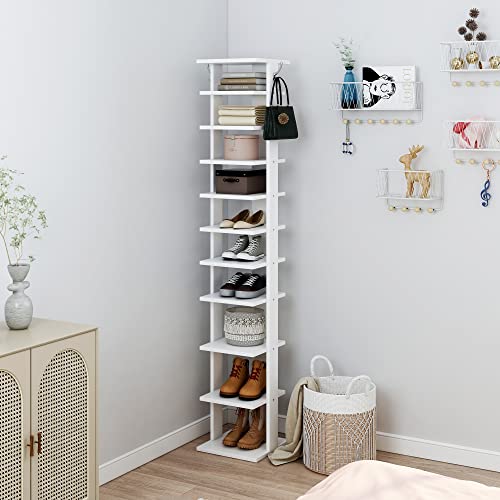 HOME BI 10 Tiers Vertical Shoe Rack, Tall Skinny Wooden Boot Shelf
