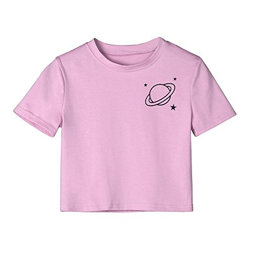 Women Teen Girl Crop Tops Cute Saturn Star Print Short Sleeve Fashion T Shirt Blouse (Pink, S)