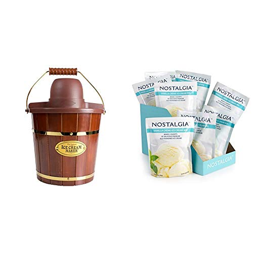 Nostalgia ICMW400 4 Quart Wood Bucket Ice Cream Maker with 8 packs of