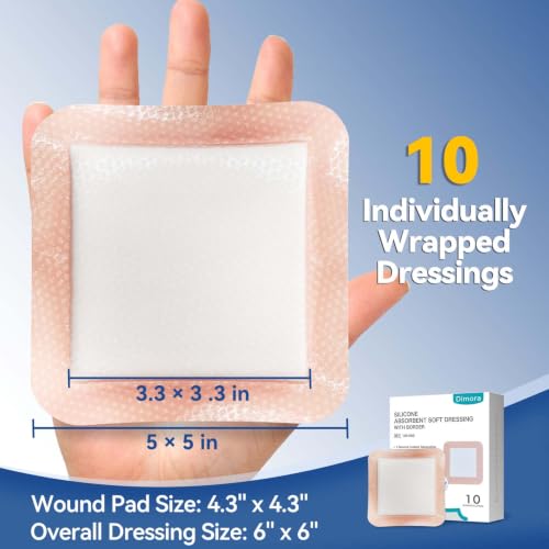 Dimora Silicone Super Absorbent Wound Dressings - Gentle Adhesive Bandages with Ultrasorb Polymer,Heavy Exudate Wound Care Pads 5"X 5" 10 Count