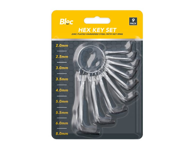 Bloc - 9 Piece Zinc Plated Hardened Steel Hex Key Set - Assortment of Sizes