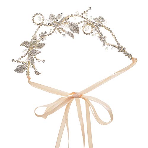 SWEETV Gold Crystal Wedding Headband Handmade Pearl Hair Band Headpiece Bridal Hair Accessories for Women